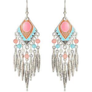 Boho Turquoise Drop Earrings Retro Long Copper Feather  Metal Leaf Dangle